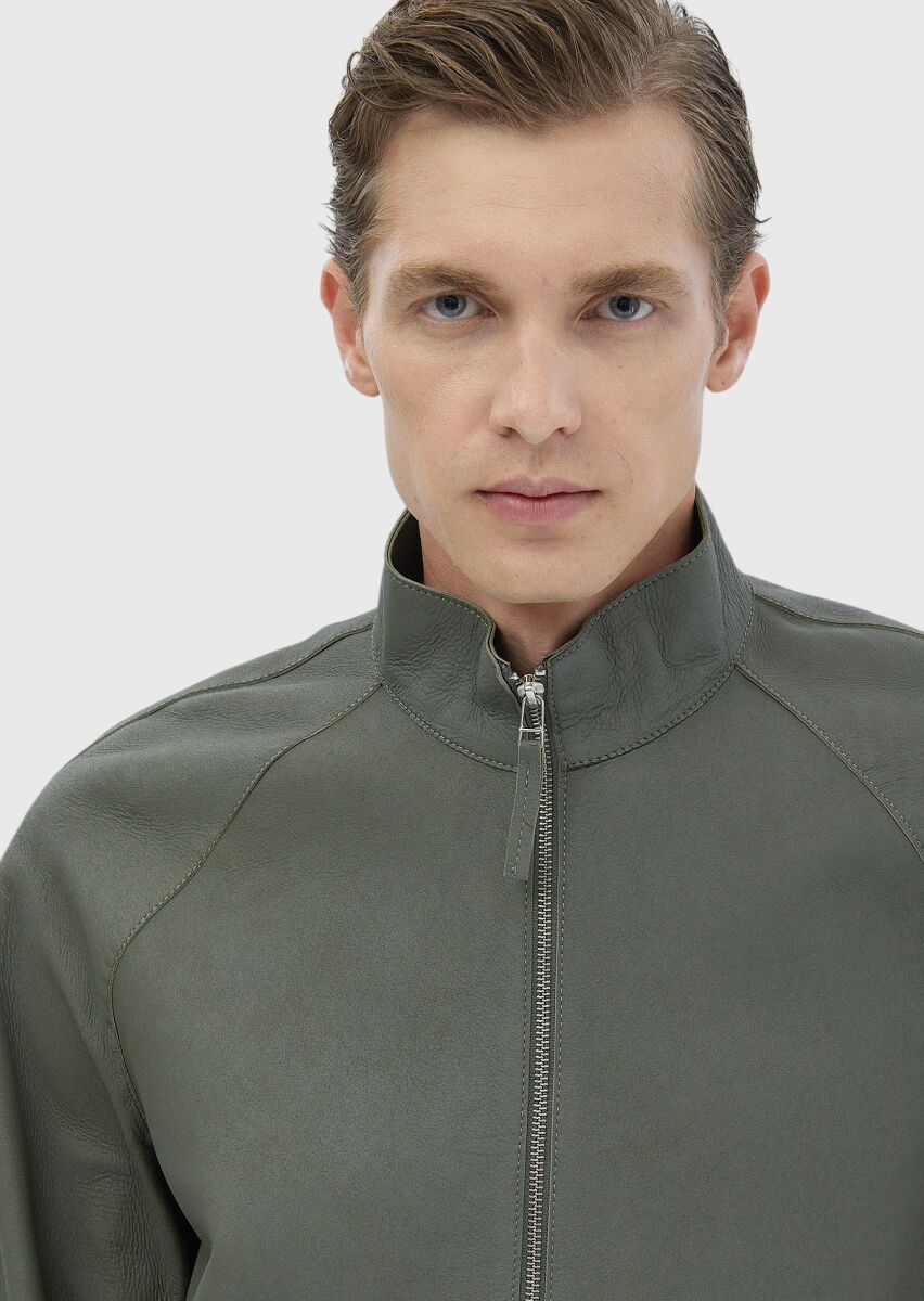 Light Green Regular Fit Turtleneck Casual Suede Leather Coat - 4