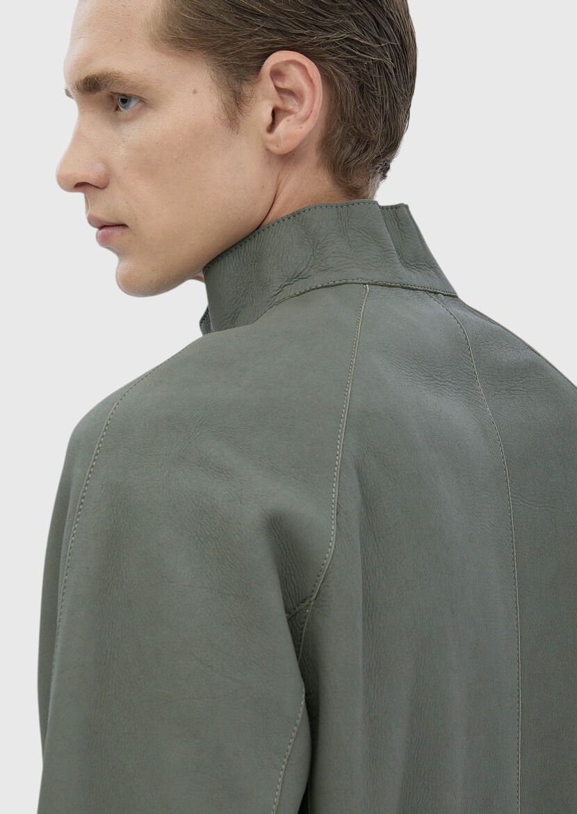 Light Green Regular Fit Turtleneck Casual Suede Leather Coat - 6