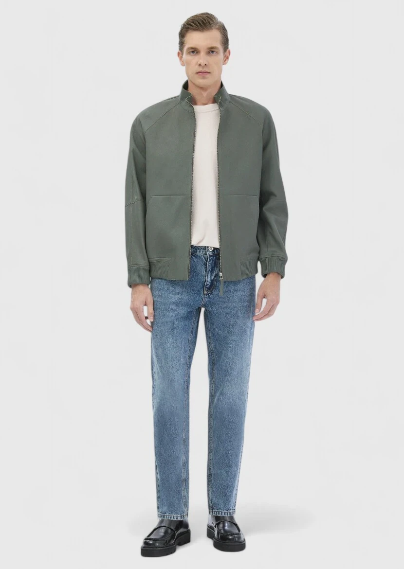 Light Green Regular Fit Turtleneck Casual Suede Leather Coat - RAMSEY