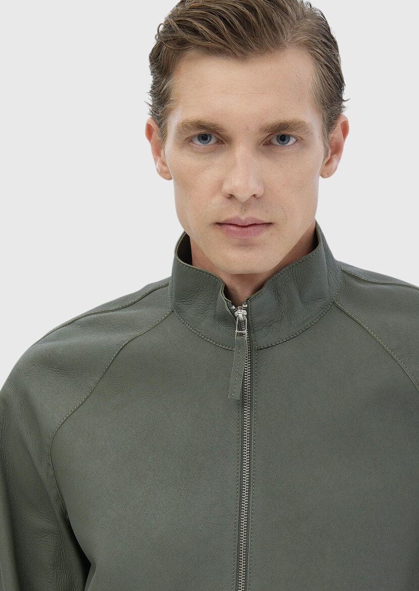 Light Green Regular Fit Turtleneck Casual Suede Leather Coat - 4