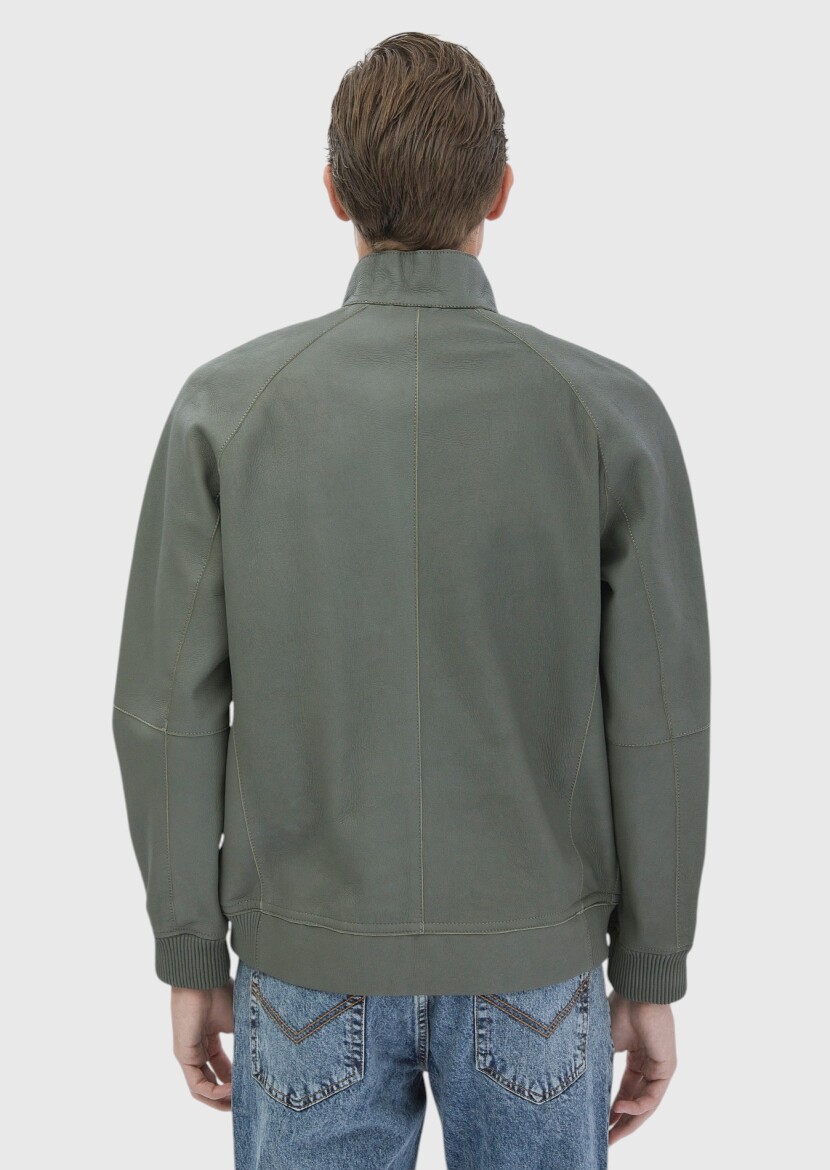 Light Green Regular Fit Turtleneck Casual Suede Leather Coat - 7