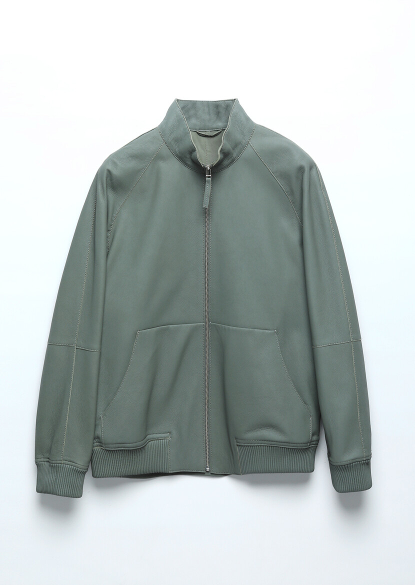 Light Green Regular Fit Turtleneck Casual Suede Leather Coat - 8