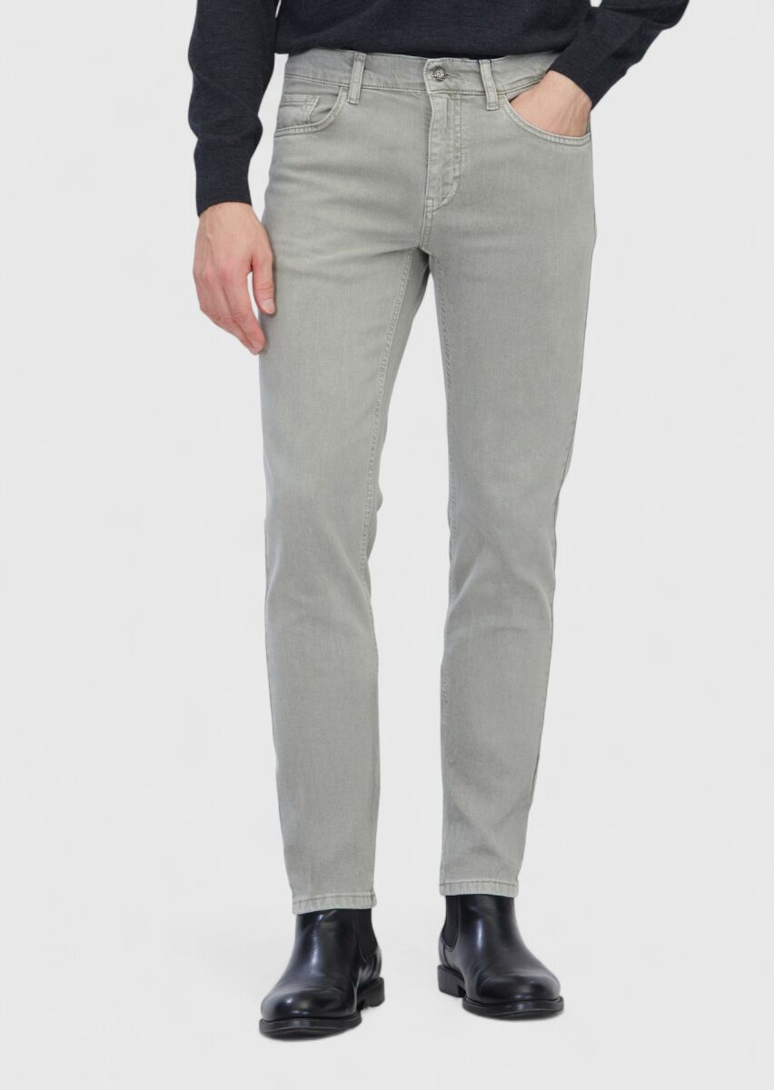 Light Green Slim Fit Denim Cotton Blended Trousers - 2