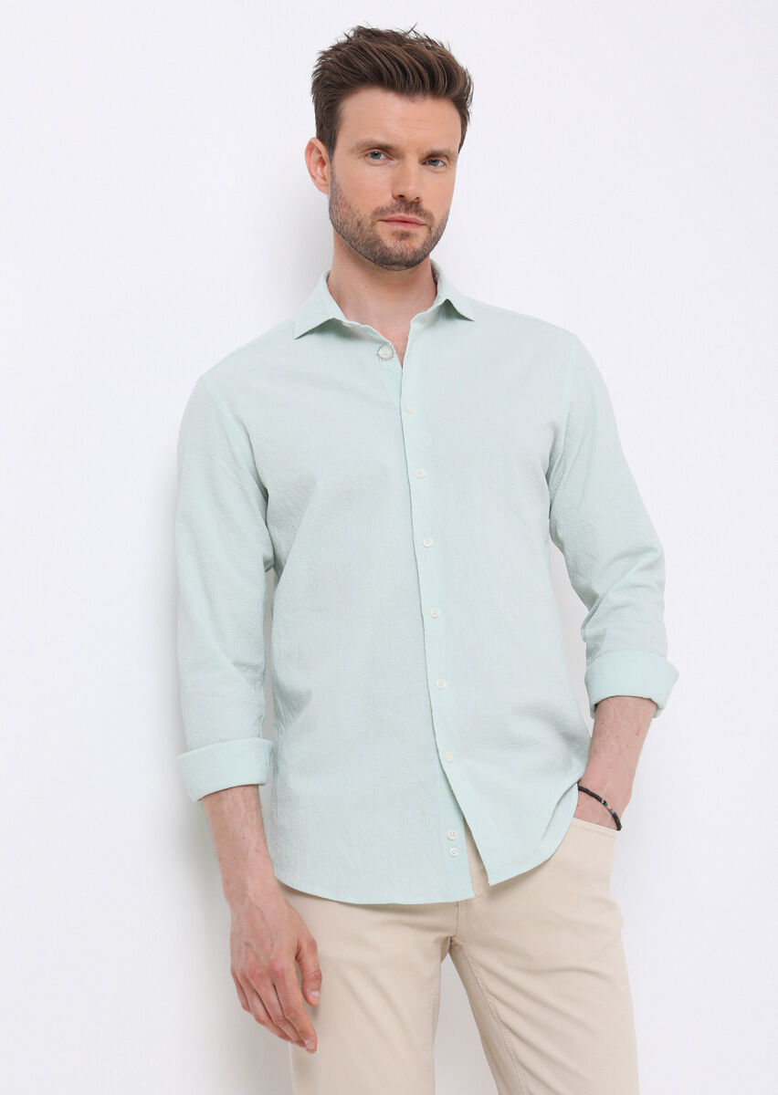 Light Green Slim Fit Long Weaving Casual Cotton Blended Shirt - 1
