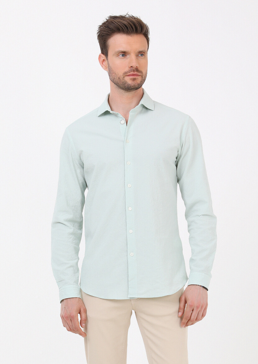 Light Green Slim Fit Long Weaving Casual Cotton Blended Shirt - 2