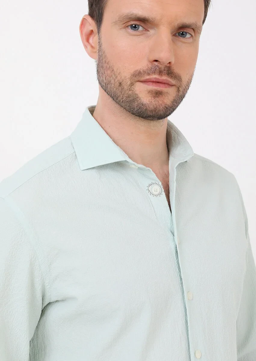 Light Green Slim Fit Weaving Casual Cotton Blended Shirt - 2