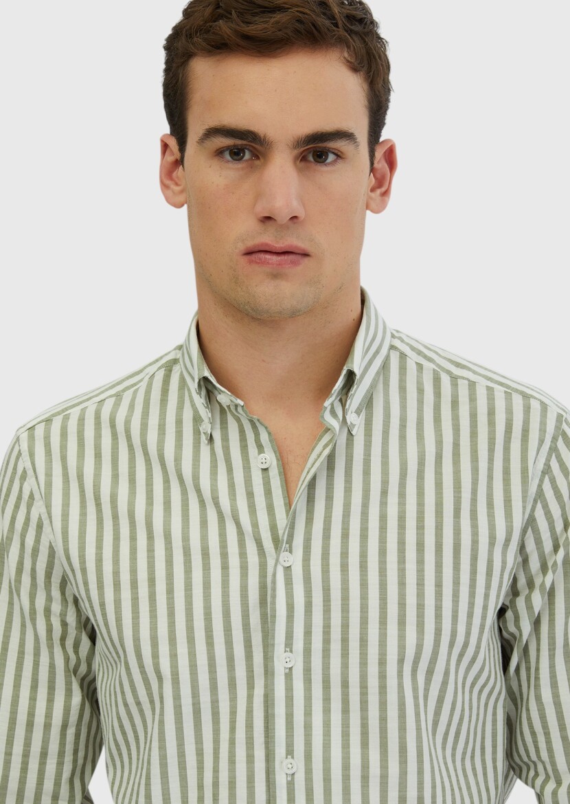 Light Green Striped Casual Fit Long Weaving Casual 100% Cotton Shirt - 4