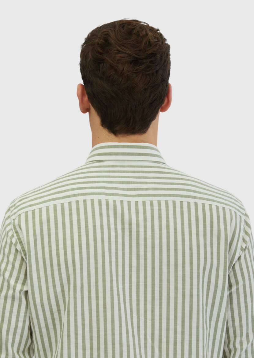 Light Green Striped Casual Fit Long Weaving Casual 100% Cotton Shirt - 5