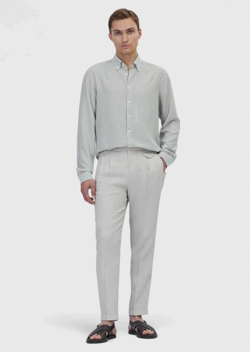 Light Green Striped Casual Fit Long Weaving Casual Shirt - 2