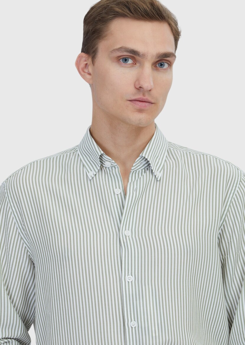 Light Green Striped Casual Fit Long Weaving Casual Shirt - 3