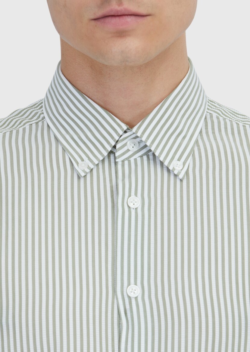 Light Green Striped Casual Fit Long Weaving Casual Shirt - 4