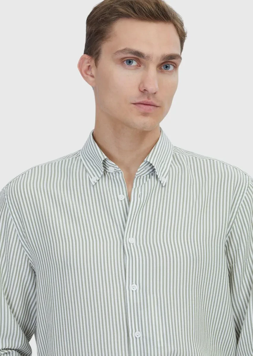 Light Green Striped Casual Fit Weaving Casual Shirt - 3