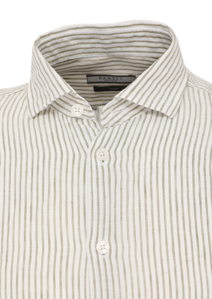 Light Green Striped Regular Fit Long Weaving Casual 100% Linen Shirt 