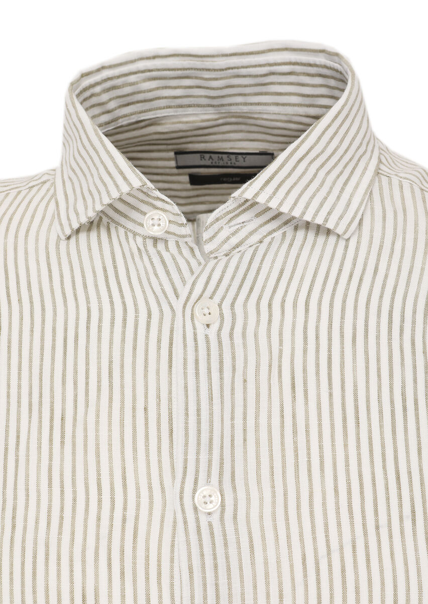 Light Green Striped Regular Fit Long Weaving Casual 100% Linen Shirt - 2