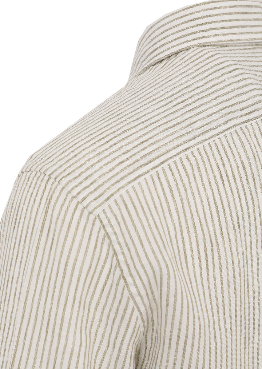 Light Green Striped Regular Fit Long Weaving Casual 100% Linen Shirt - 5