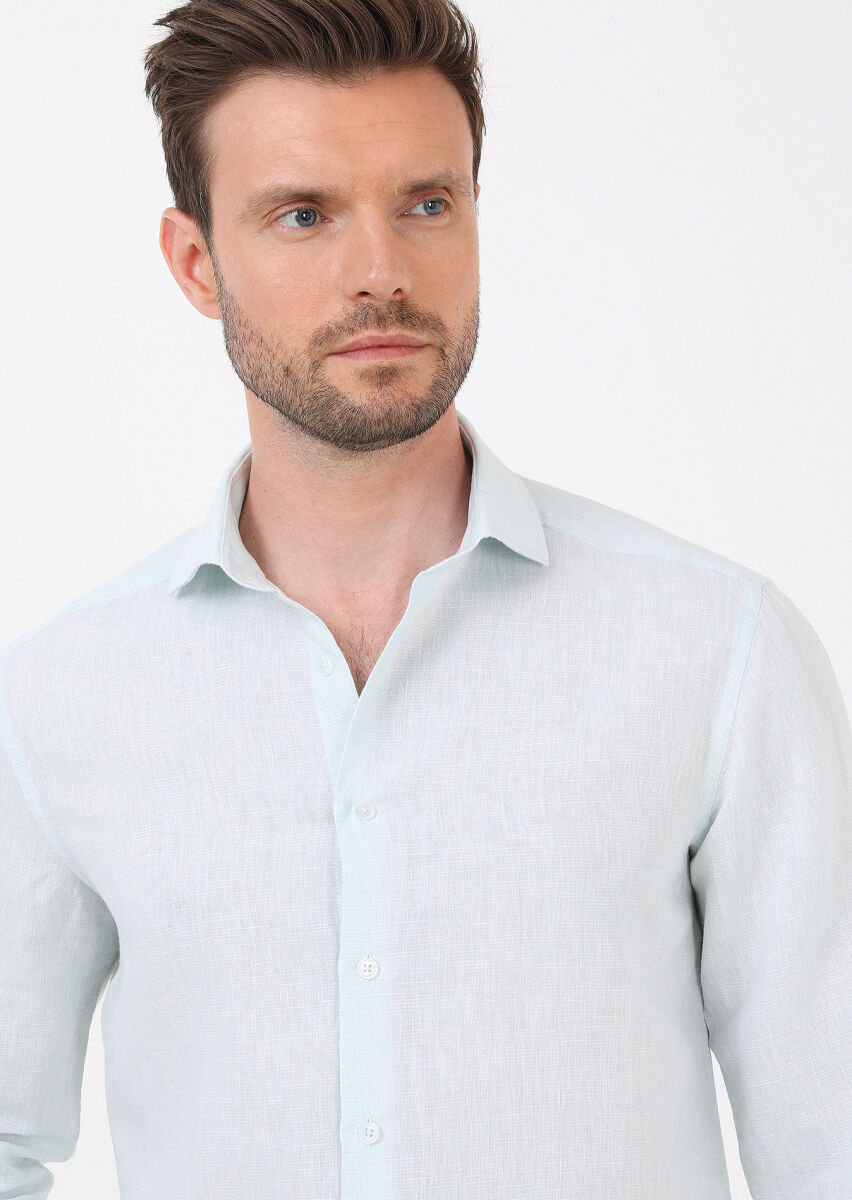 Light Green Striped Regular Fit Long Weaving Casual Cotton Blended Shirt - 2