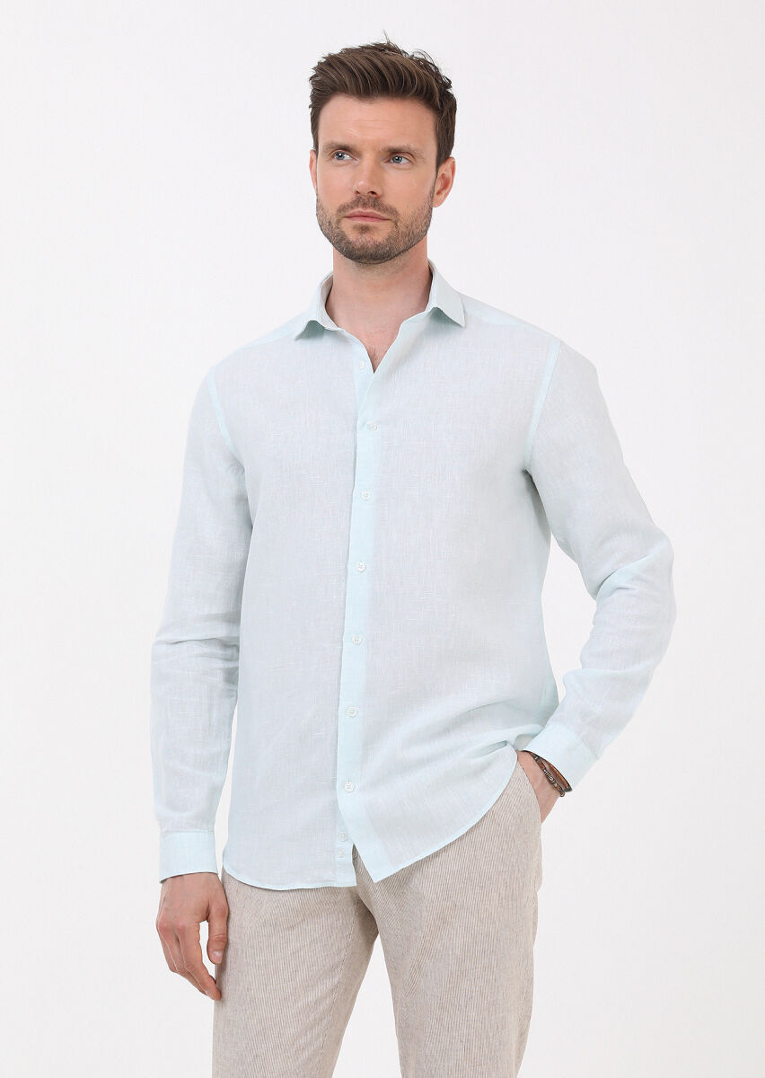 Light Green Striped Regular Fit Long Weaving Casual Cotton Blended Shirt - 3