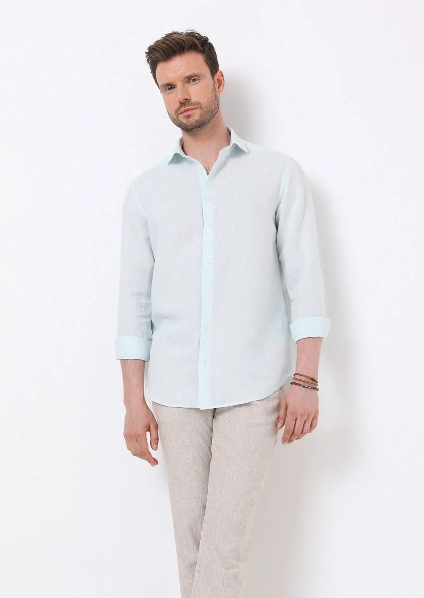 Light Green Striped Regular Fit Weaving Casual Cotton Blended Shirt - 2