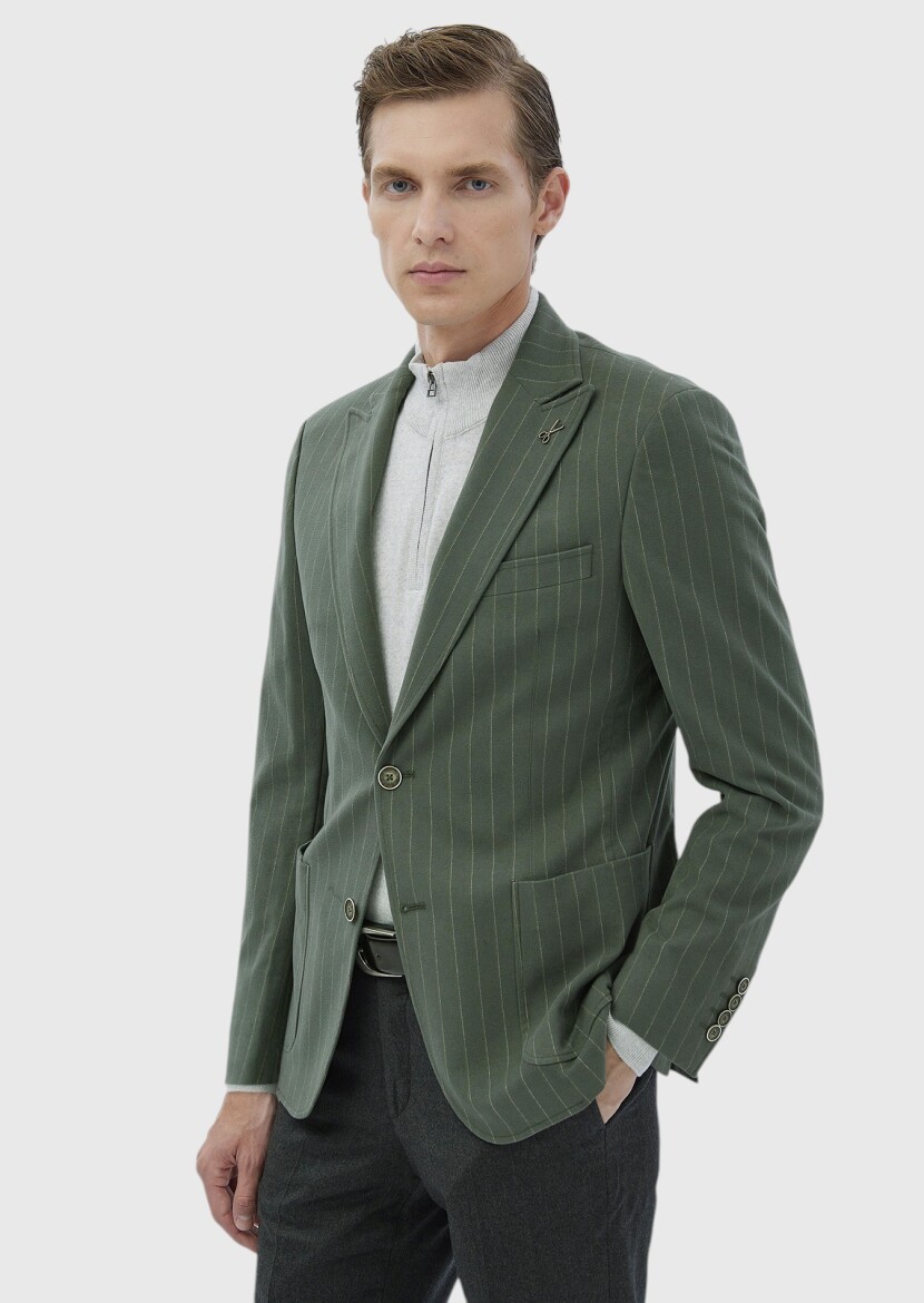 Light Green Striped Zeroweight Slim Fit Cotton Blended Jacket - RAMSEY