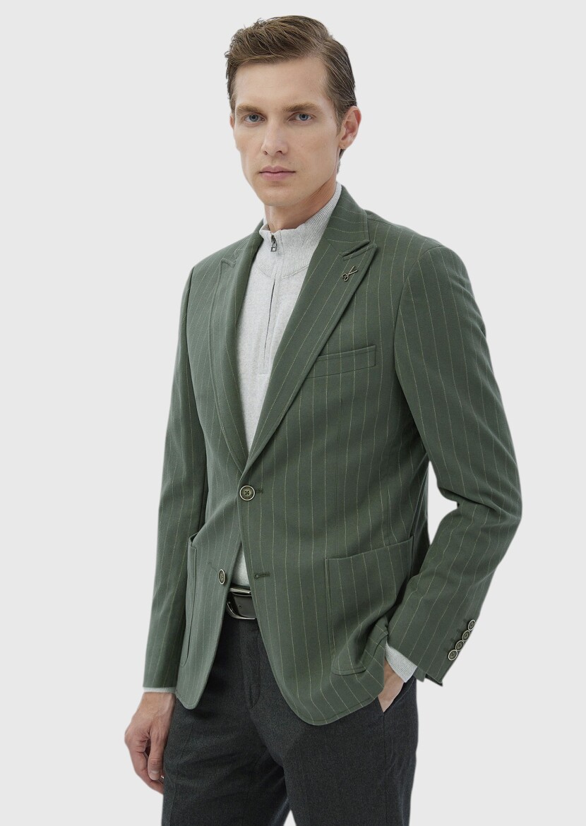 Light Green Striped Zeroweight Slim Fit Cotton Blended Jacket - 1