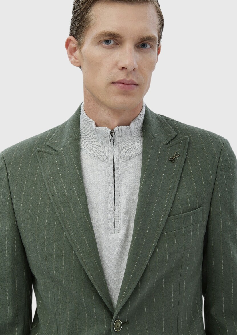 Light Green Striped Zeroweight Slim Fit Cotton Blended Jacket - 4