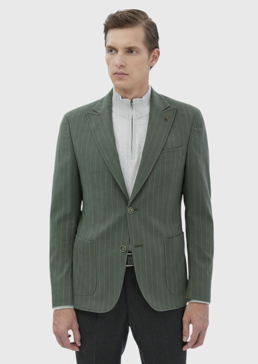 Light Green Striped Zeroweight Slim Fit Cotton Blended Jacket - 3