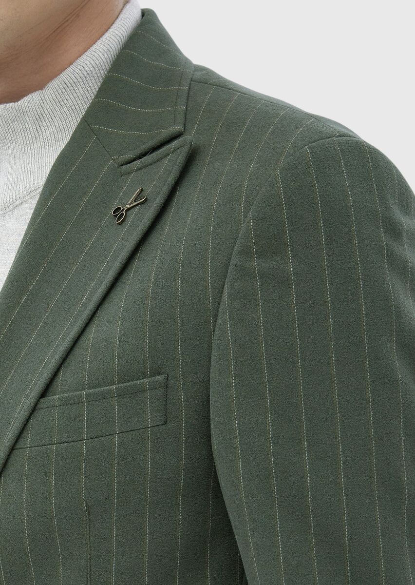 Light Green Striped Zeroweight Slim Fit Cotton Blended Jacket - 5