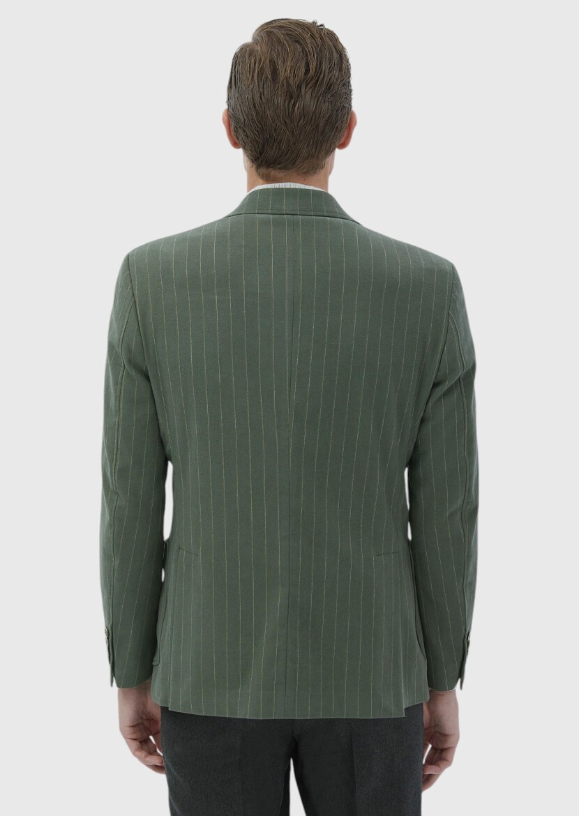 Light Green Striped Zeroweight Slim Fit Cotton Blended Jacket - 6