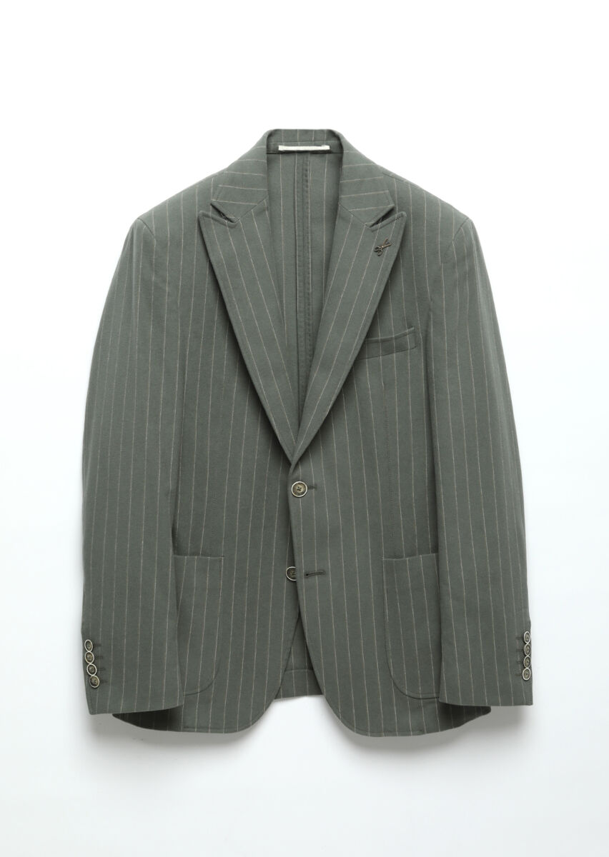 Light Green Striped Zeroweight Slim Fit Cotton Blended Jacket - 7