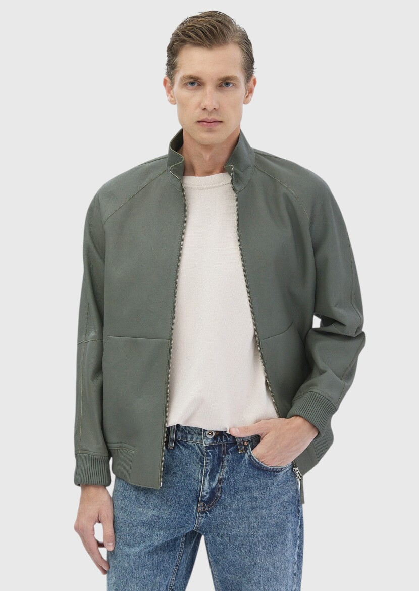 Light Green Suede Leather Coat - 1