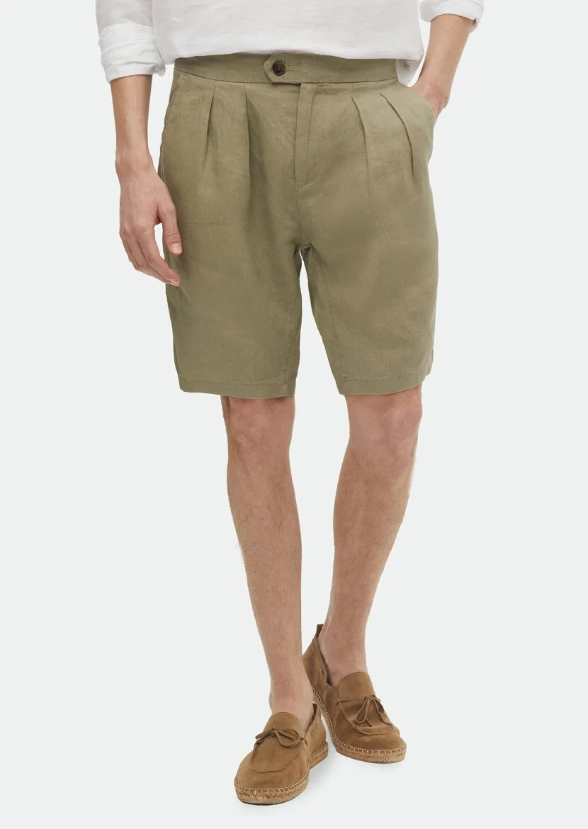 Light Green Weaving Carrot Fit Casual 100% Linen Bermuda 
