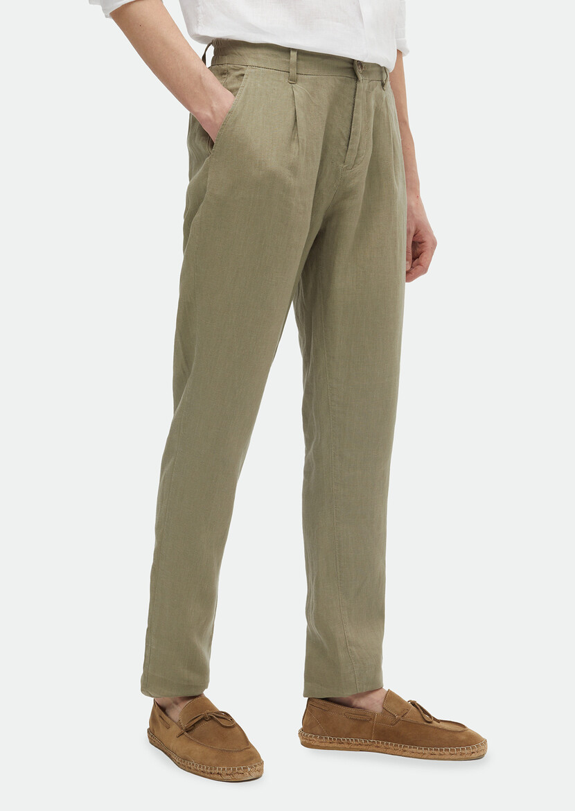 Light Green Weaving Jogging Fit Casual 100% Linen Trousers - 2