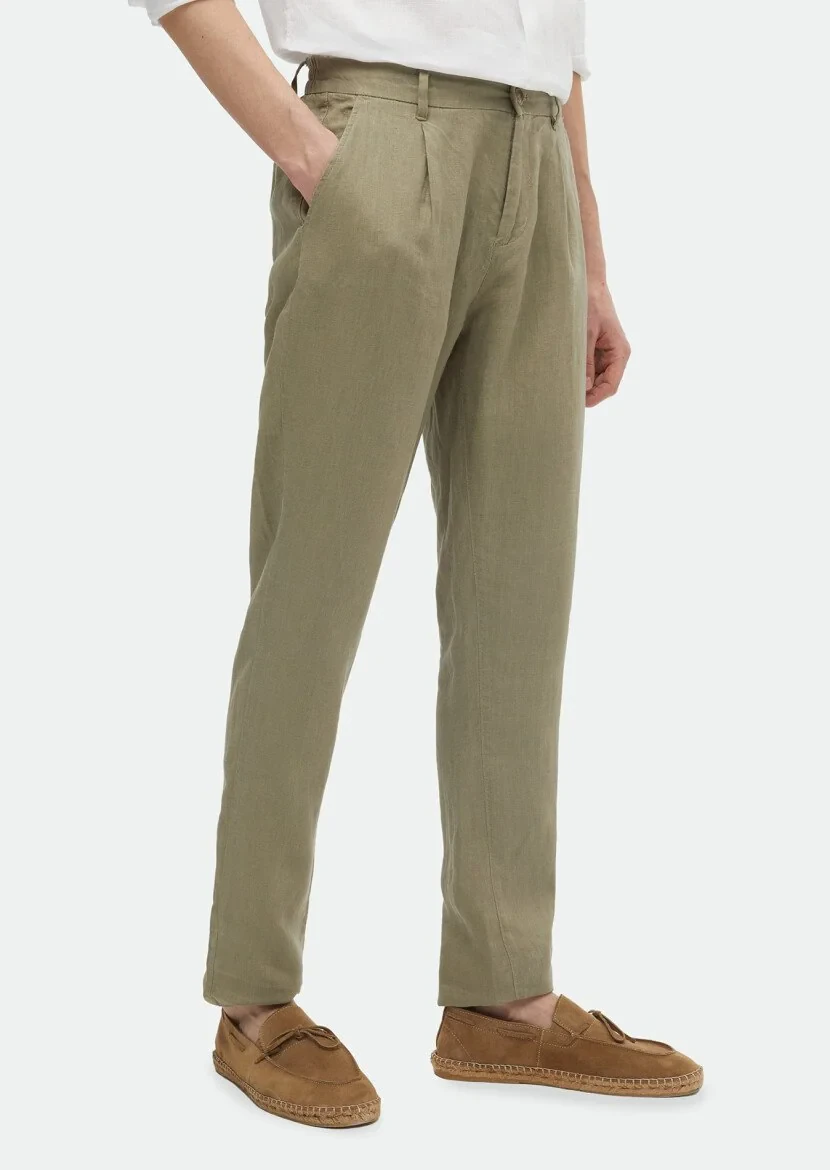 Light Green Weaving Jogging Fit Casual 100% Linen Trousers 