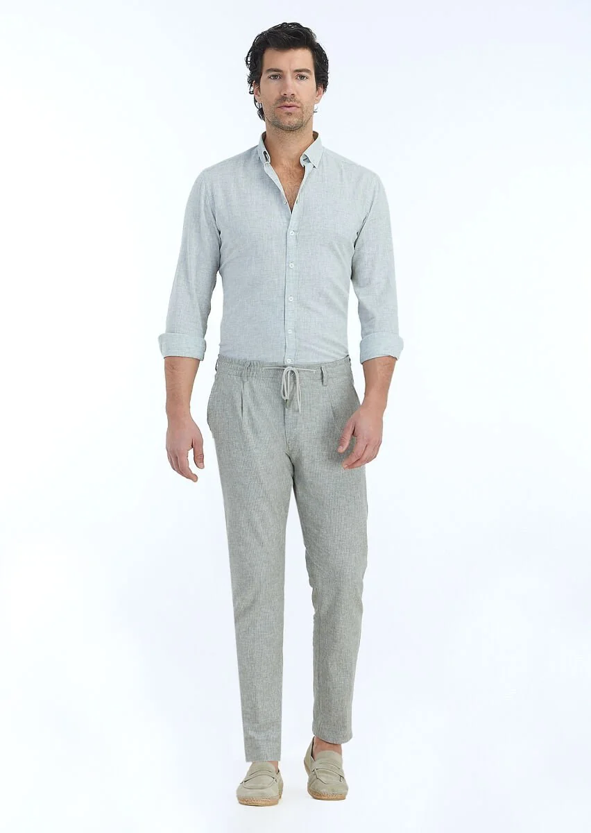 Light Green Weaving Jogging Fit Casual Cotton Blended Trousers - 1