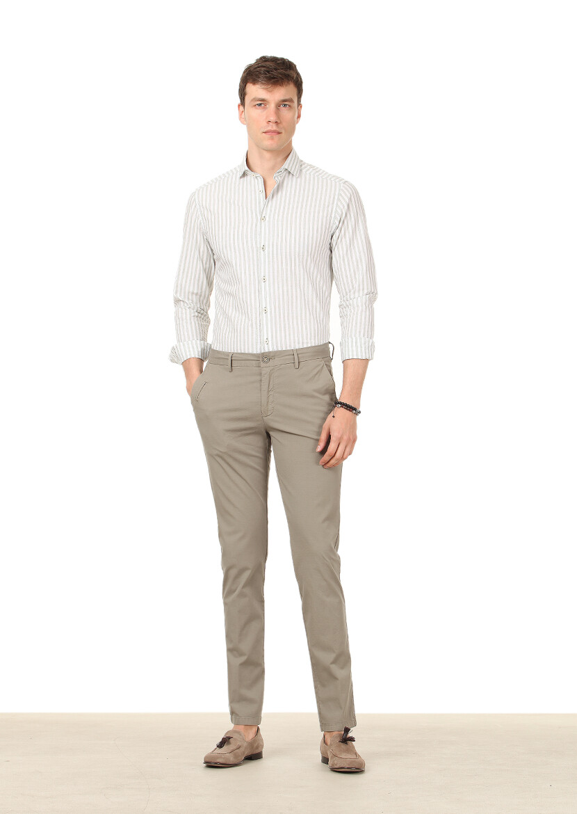 Light Green Weaving Regular Fit Casual Cotton Blended Trousers - 2