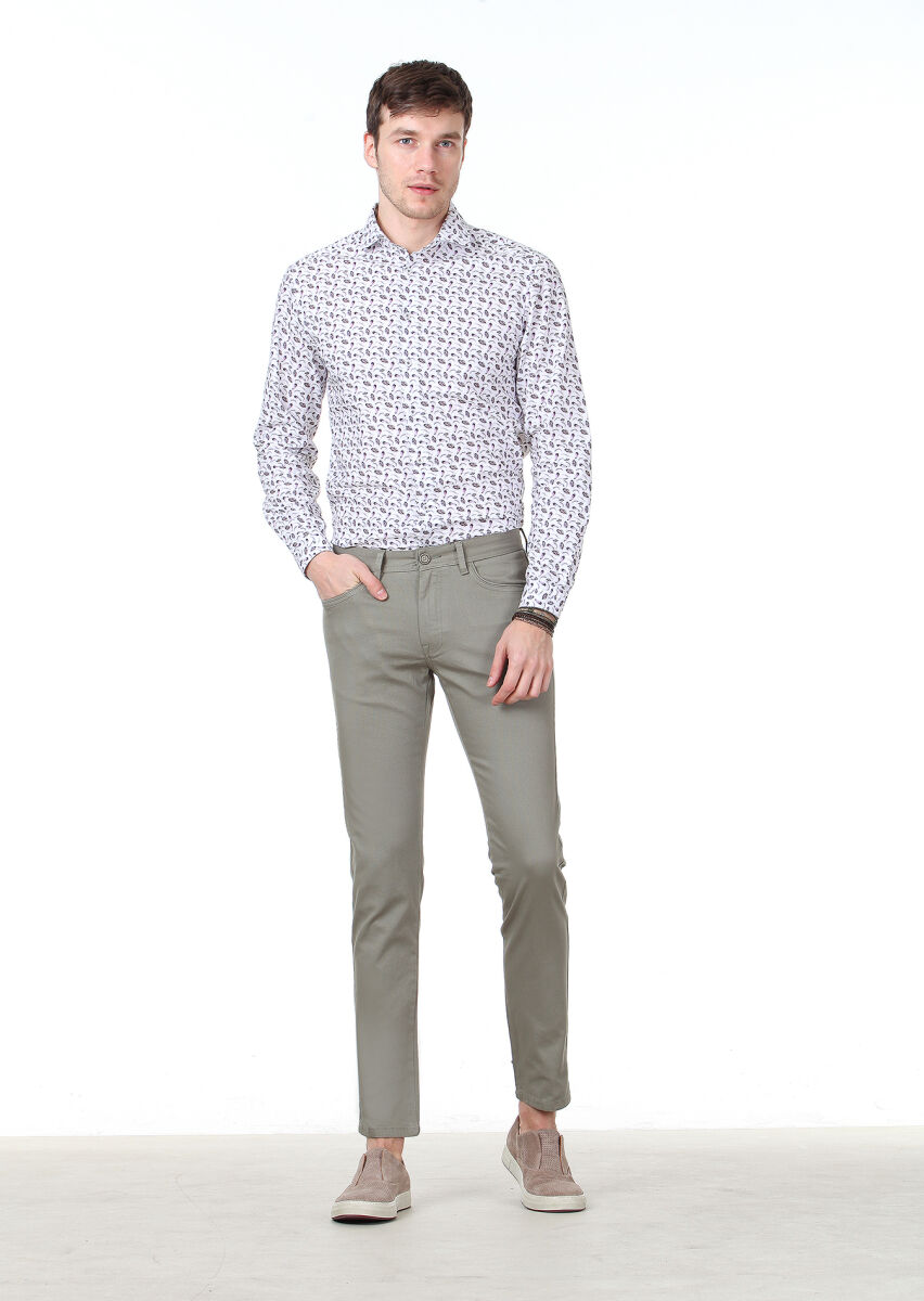 Light Green Weaving Slim Fit Casual Cotton Blended Trousers - 1