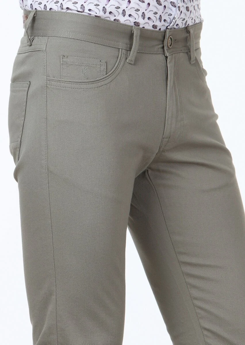 Light Green Weaving Slim Fit Casual Cotton Blended Trousers - 3