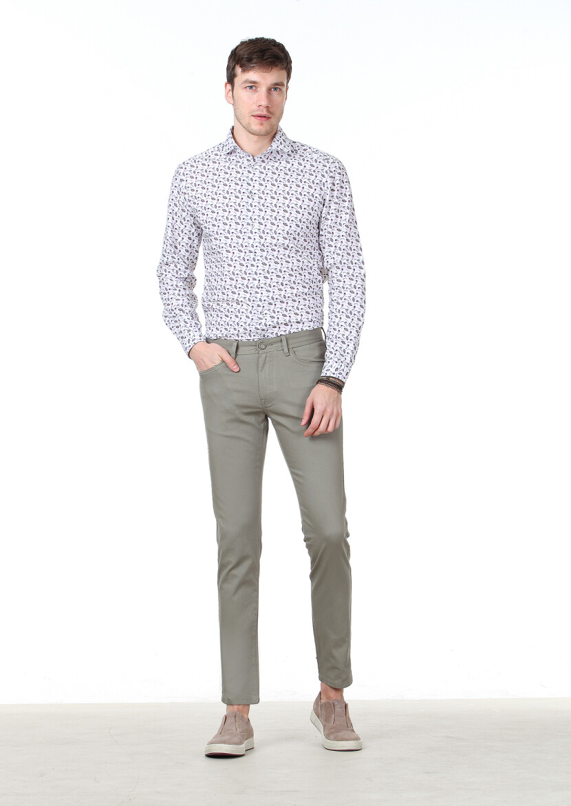 Light Green Weaving Slim Fit Casual Cotton Blended Trousers - 1