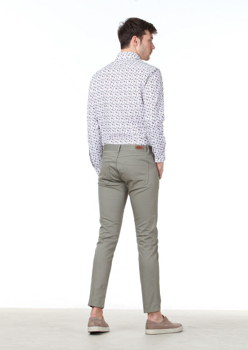 Light Green Weaving Slim Fit Casual Cotton Blended Trousers - 4