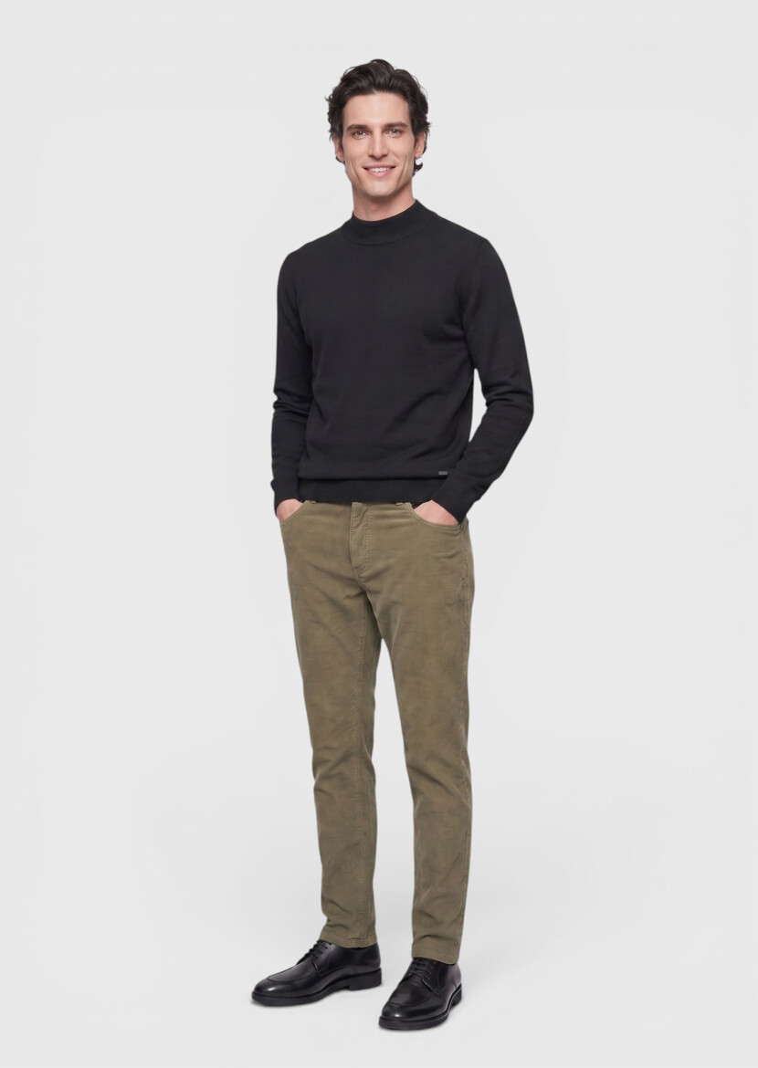 Light Green Weaving Slim Fit Casual Cotton Blended Trousers 