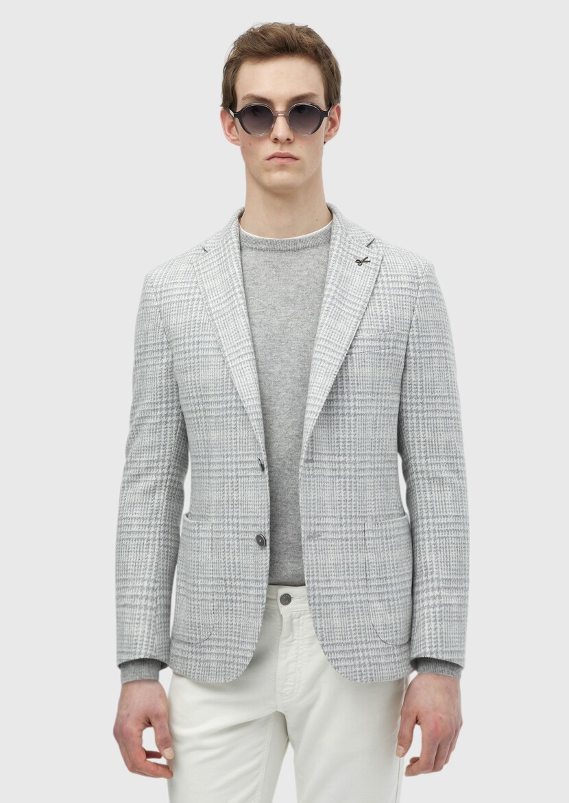 Light Grey Checkered Shirt Shoulder Slim Fit Wool Blended Jacket - 3