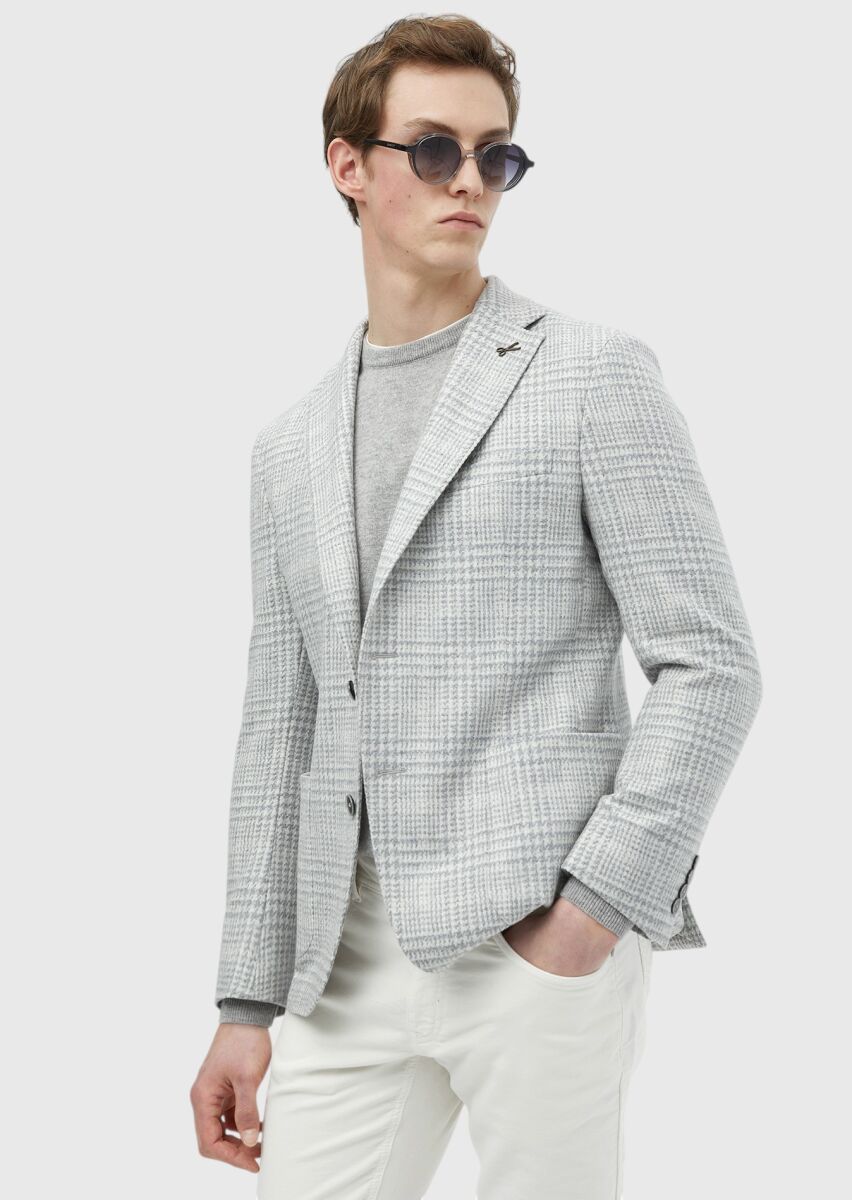 Light Grey Checkered Shirt Shoulder Slim Fit Wool Blended Jacket - 1