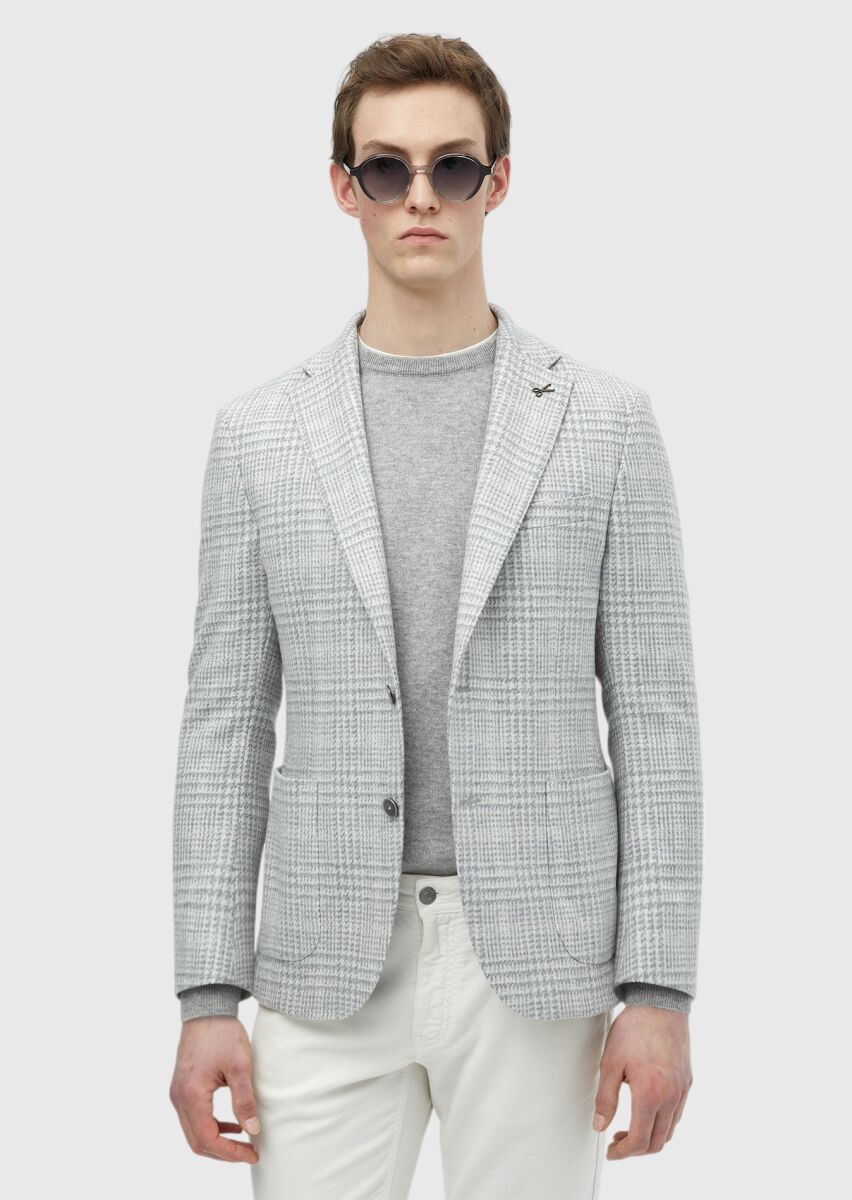 Light Grey Checkered Shirt Shoulder Slim Fit Wool Blended Jacket - 3