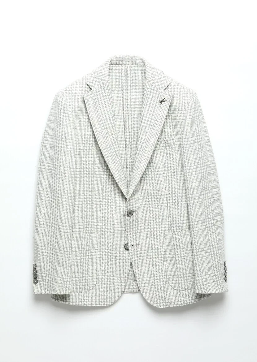 Light Grey Checkered Shirt Shoulder Slim Fit Wool Blended Jacket - 7
