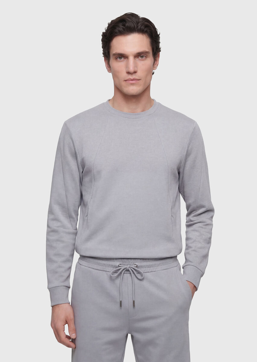 Light Grey Crew Neck Plain Sweatshirt - 1