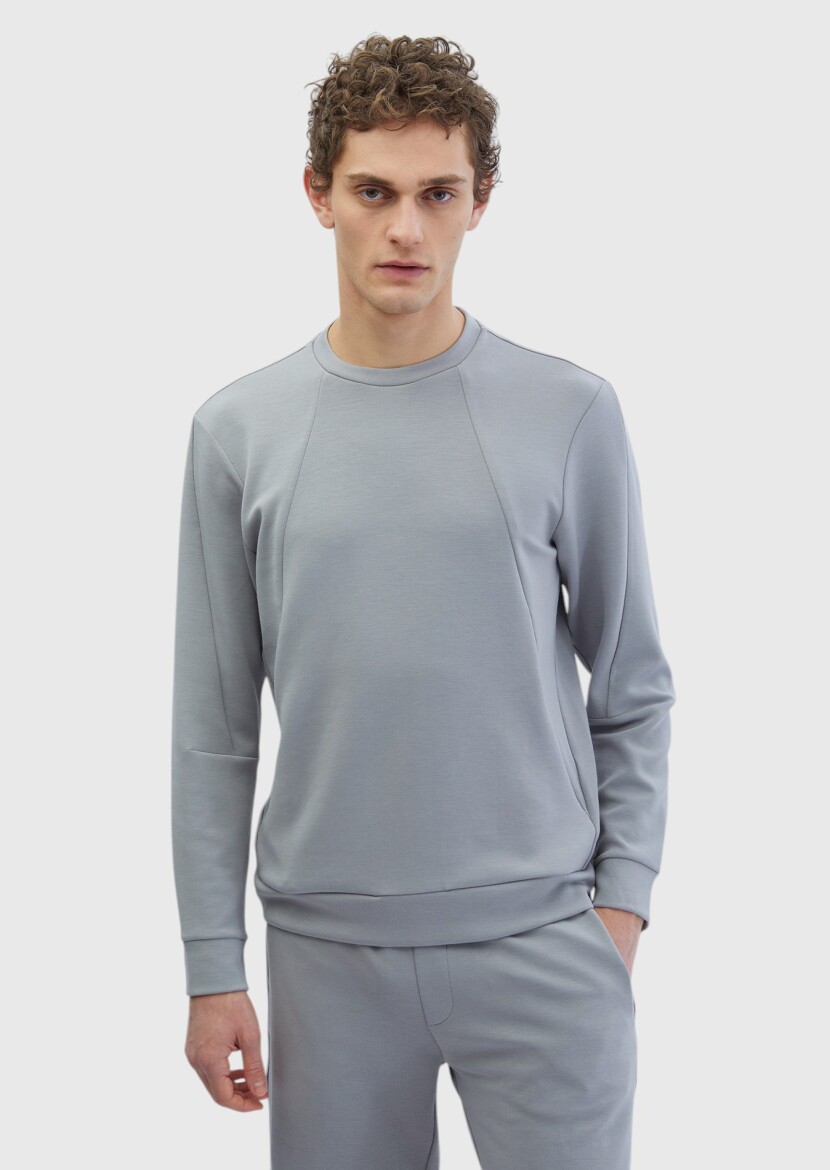 Light Grey Crew Neck Plain Sweatshirt - 1