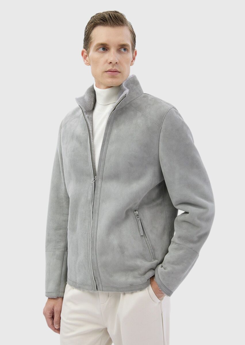 Light Grey Fur Leather Coat - 3