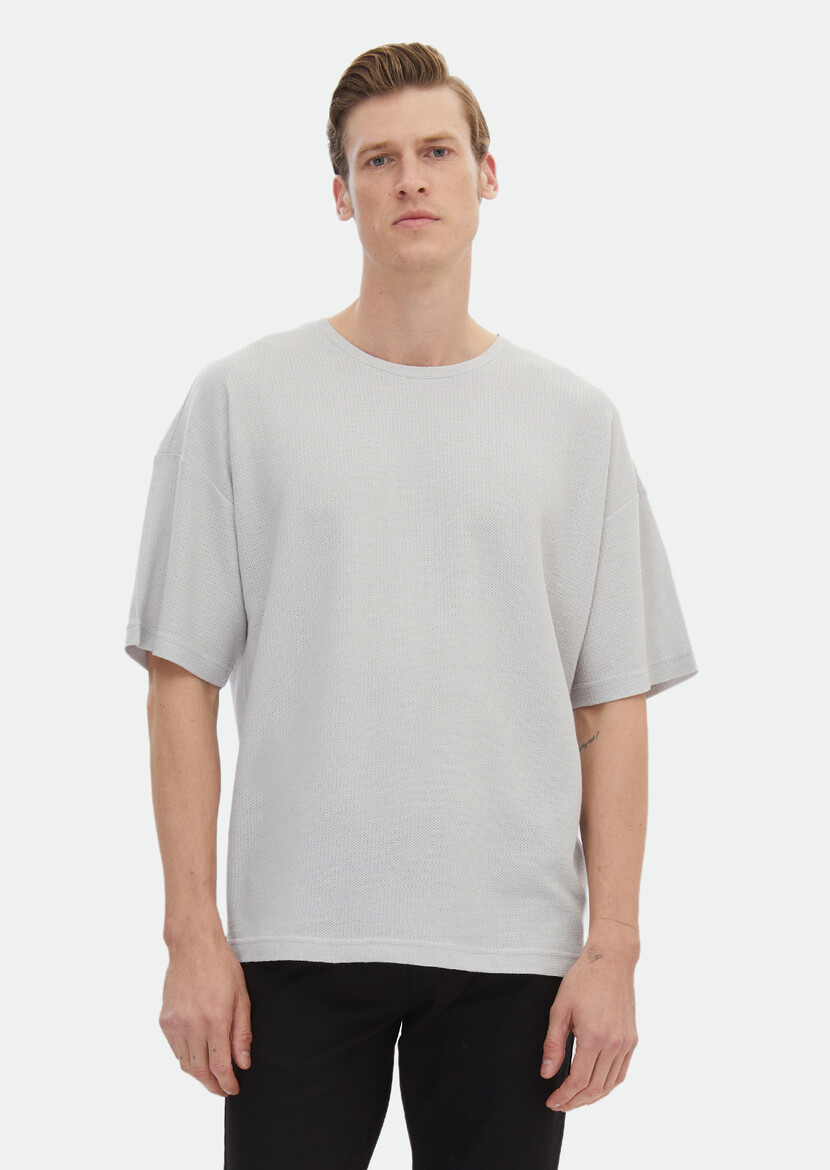 Light Grey Jacquard Crew Neck 100% Cotton T-Shirt - 2