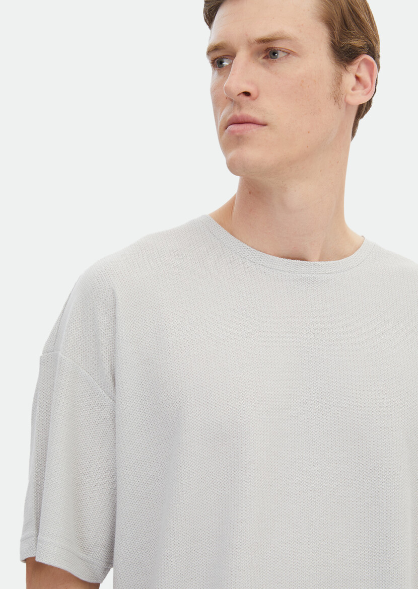 Light Grey Jacquard Crew Neck 100% Cotton T-Shirt - 6