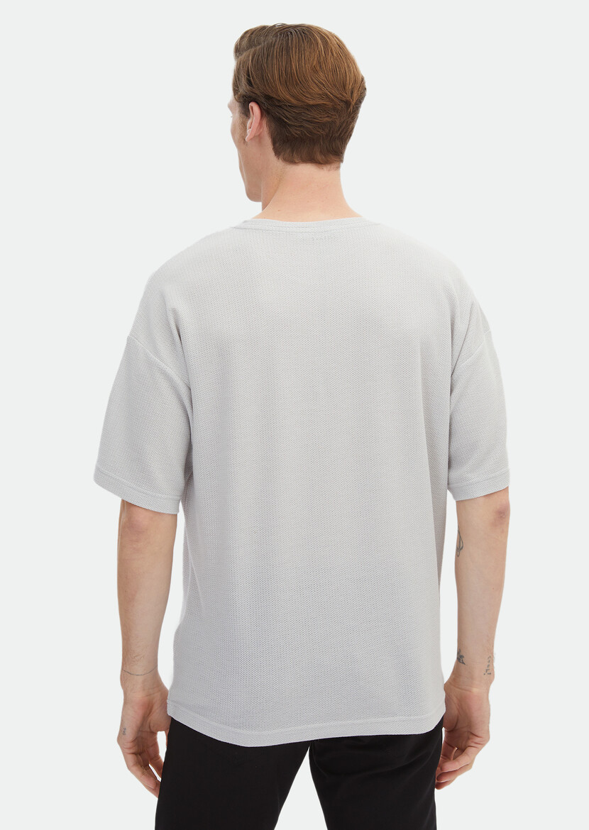 Light Grey Jacquard Crew Neck 100% Cotton T-Shirt - 8